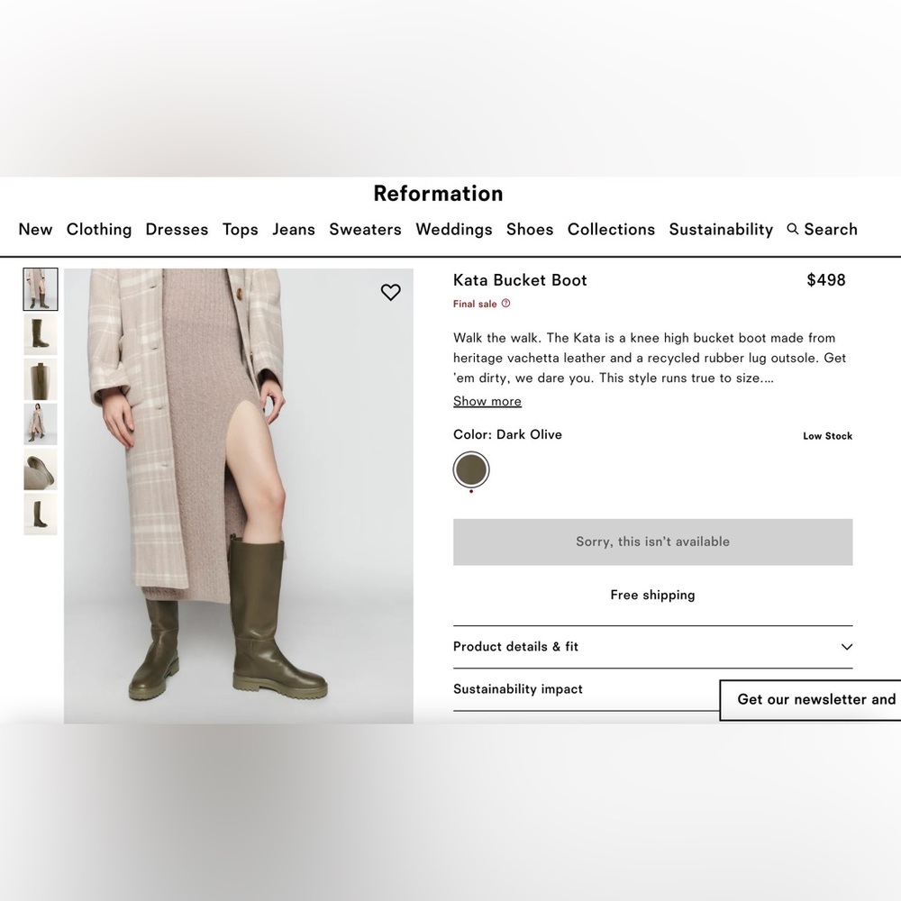 <Brand New> Reformation Dark Olive Bucket Boot